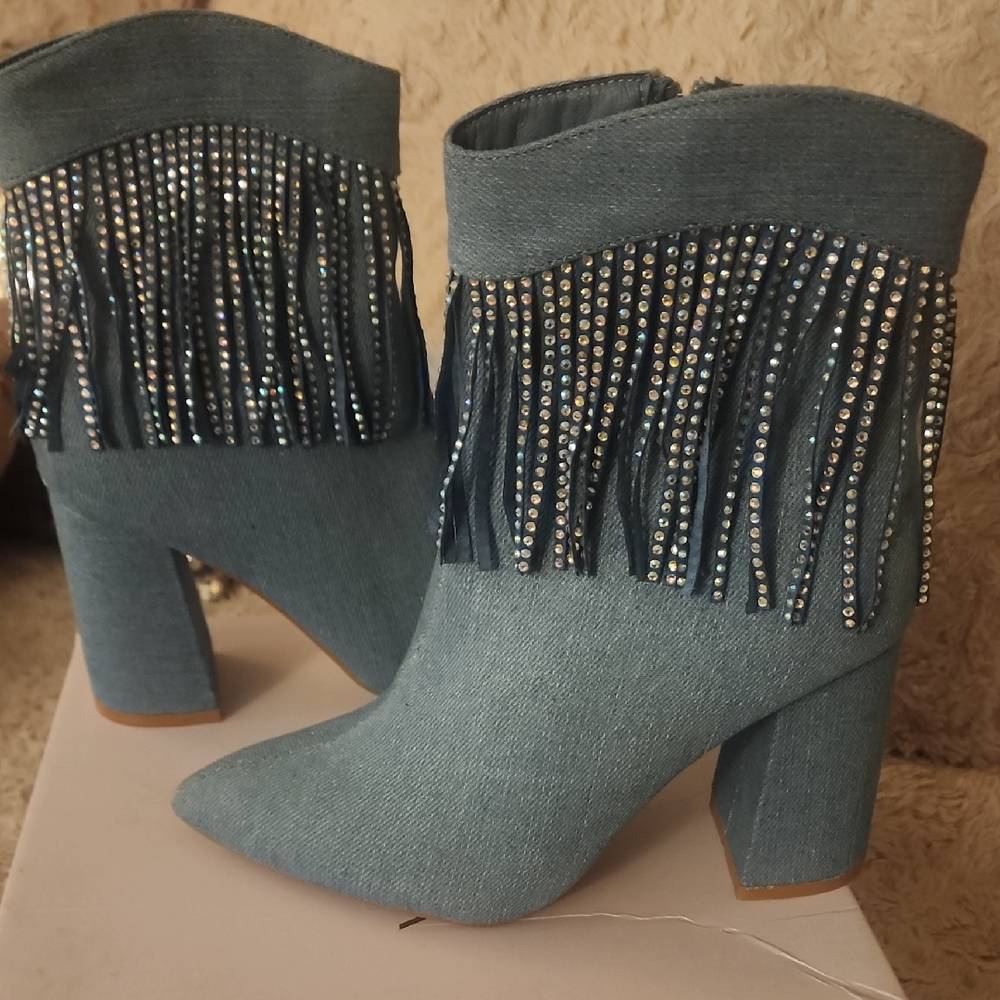 TOP Moda Blue Denim Rhinestone Fringe Boots
